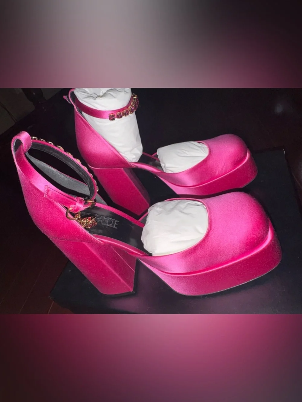 NIB-Women’s Pink Satin Platform Heels with Jeweled Ankle Strap